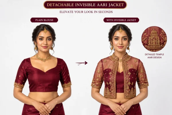 Wine Temple Heritage Invisible Aari Jacket with detachable transparent organza, handcrafted temple border Aari embroidery and premium South Indian bridal styling