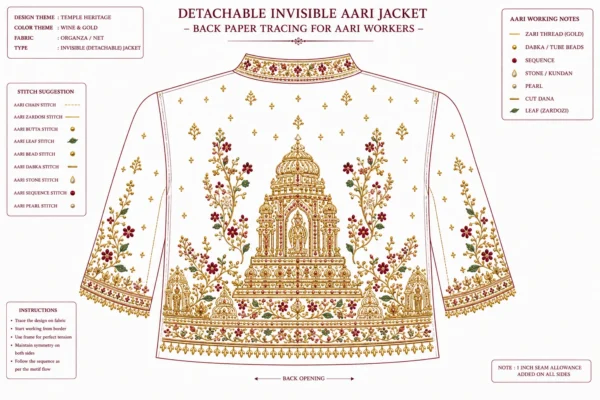 Wine Temple Heritage Invisible Aari Jacket with detachable transparent organza, handcrafted temple border Aari embroidery and premium South Indian bridal styling