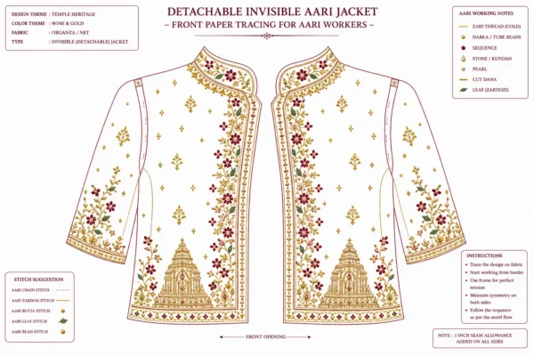 Wine Temple Heritage Invisible Aari Jacket with detachable transparent organza, handcrafted temple border Aari embroidery and premium South Indian bridal styling