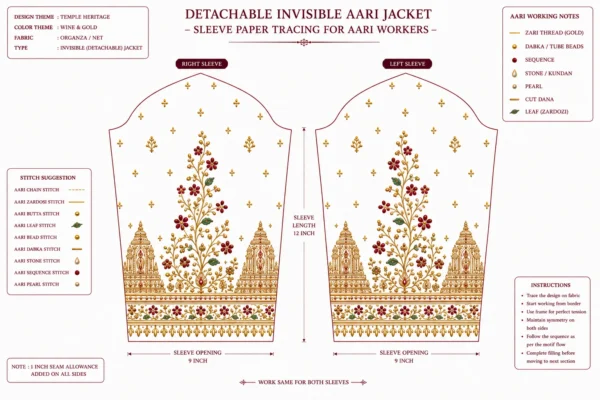 Wine Temple Heritage Invisible Aari Jacket with detachable transparent organza, handcrafted temple border Aari embroidery and premium South Indian bridal styling