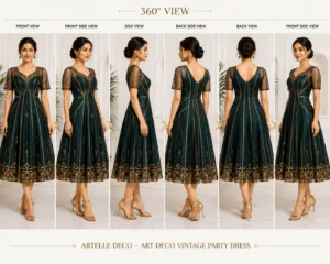Artelle Deco Art Deco vintage party dress front view with geometric embroidery