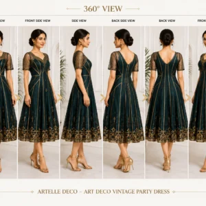 Artelle Deco Art Deco vintage party dress front view with geometric embroidery