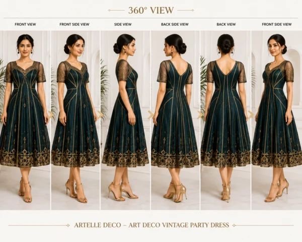 Artelle Deco Art Deco vintage party dress front view with geometric embroidery