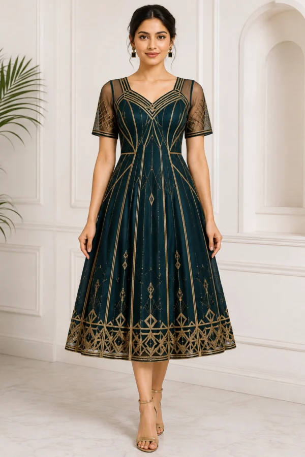 Artelle Deco Art Deco vintage party dress front view with geometric embroidery