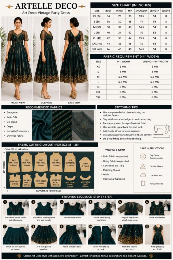 Artelle Deco Art Deco vintage party dress front view with geometric embroidery