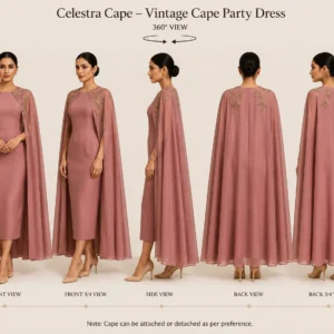 Celestra Cape vintage cape party dress with fitted midi dress and Indian embroidery