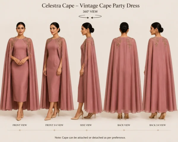 Celestra Cape vintage cape party dress with fitted midi dress and Indian embroidery