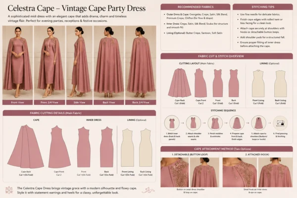 Celestra Cape vintage cape party dress with fitted midi dress and Indian embroidery