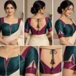 Kolam Circuit Deepavali fusion saree blouse in teal green and magenta with geometric seam lines