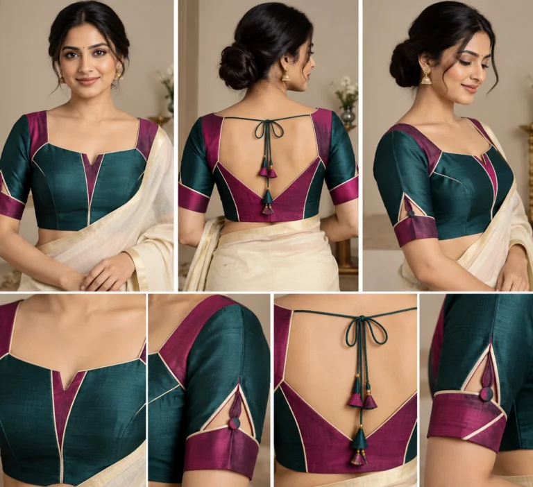 Kolam Circuit Deepavali fusion saree blouse in teal green and magenta with geometric seam lines