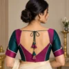 Kolam Circuit Deepavali fusion saree blouse in teal green and magenta with geometric seam lines