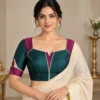 Kolam Circuit Deepavali fusion saree blouse in teal green and magenta with geometric seam lines
