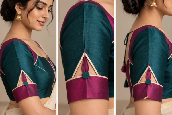 Kolam Circuit Deepavali fusion saree blouse in teal green and magenta with geometric seam lines