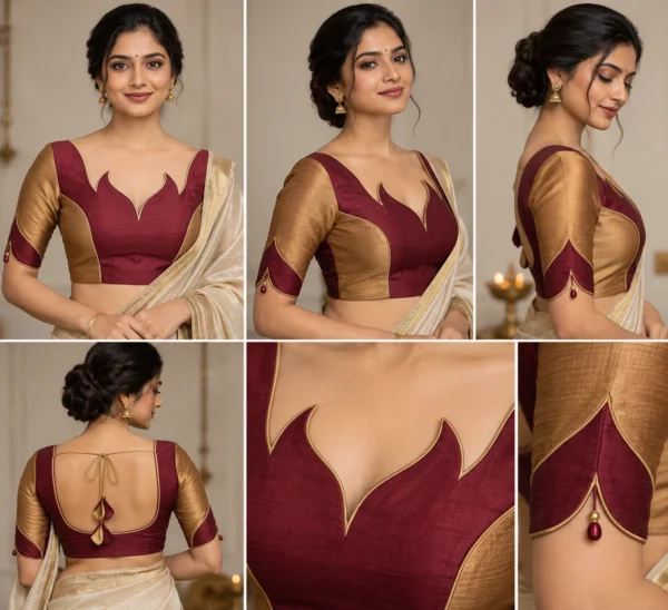Diya Flame Deepavali fusion saree blouse with flame-shaped neckline and two-colour silk construction