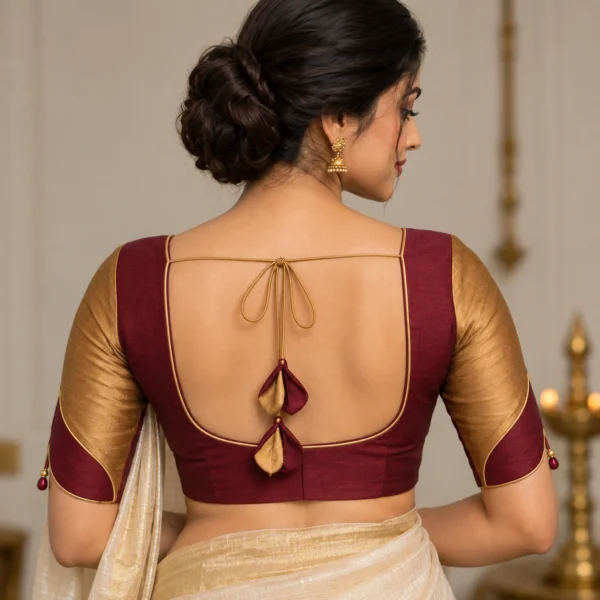 Diya Flame Deepavali fusion saree blouse with flame-shaped neckline and two-colour silk construction