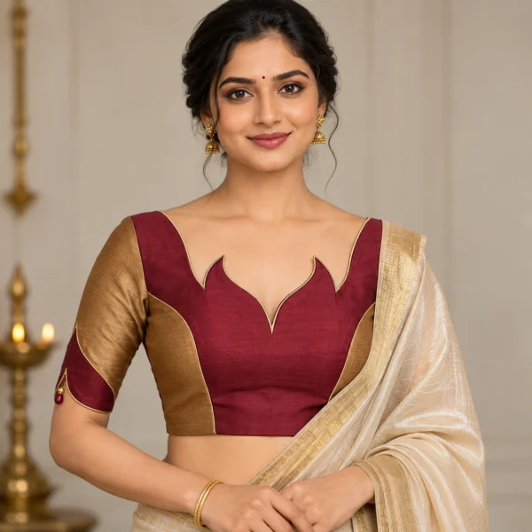 Diya Flame Deepavali fusion saree blouse with flame-shaped neckline and two-colour silk construction