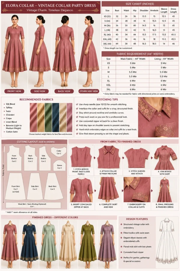 Elora Collar Vintage Party Dress | Embroidered Midi Dress