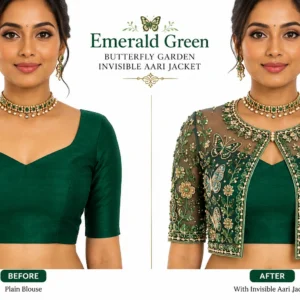 Emerald Green Butterfly Garden Invisible Aari Jacket with luxury butterfly embroidery