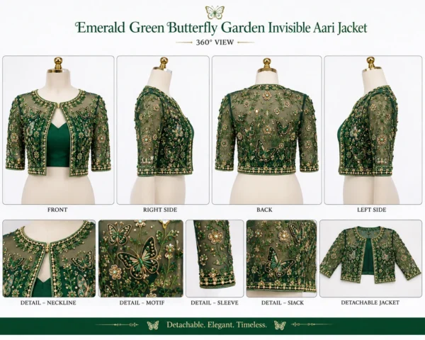 Emerald Green Butterfly Garden Invisible Aari Jacket with luxury butterfly embroidery