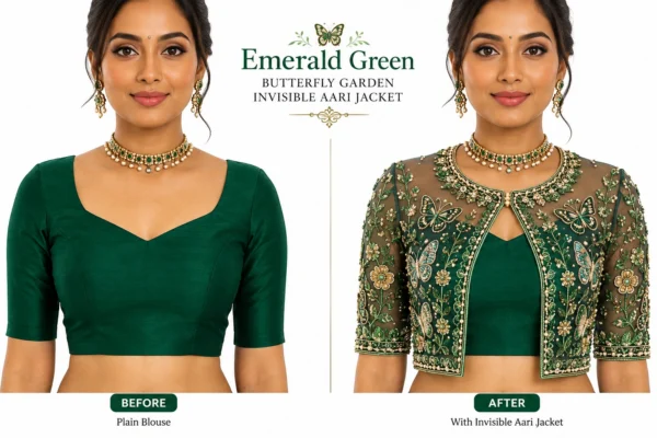 Emerald Green Butterfly Garden Invisible Aari Jacket with luxury butterfly embroidery