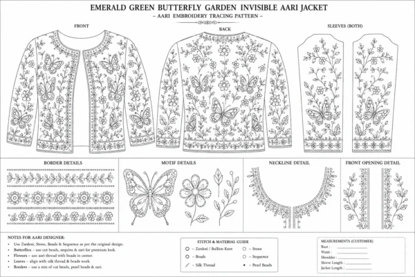 Emerald Green Butterfly Garden Invisible Aari Jacket with luxury butterfly embroidery
