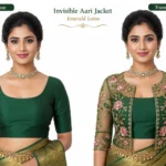 Emerald Green Lotus Bloom Invisible Aari Jacket with premium lotus floral embroidery on transparent organza
