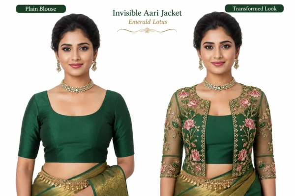Emerald Green Lotus Bloom Invisible Aari Jacket with premium lotus floral embroidery on transparent organza