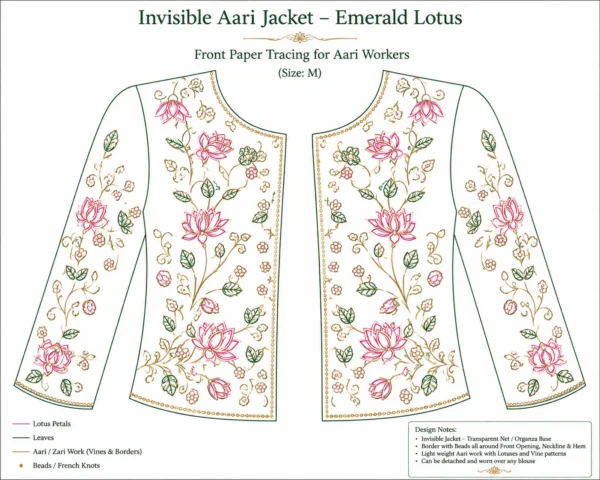 Front paper tracing pattern for Emerald Green Lotus Bloom Invisible Aari Jacket Aari embroidery