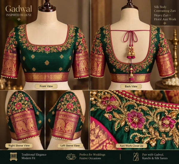 Gadwal-inspired silk blouse with heavy zari and floral Aari work