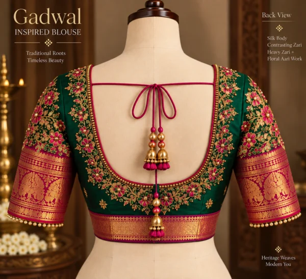 Gadwal-inspired silk blouse with heavy zari and floral Aari work