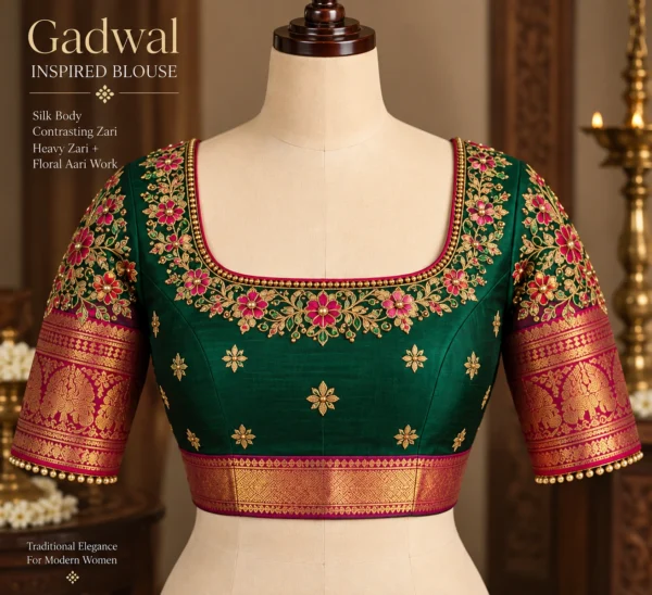 Gadwal-inspired silk blouse with heavy zari and floral Aari work
