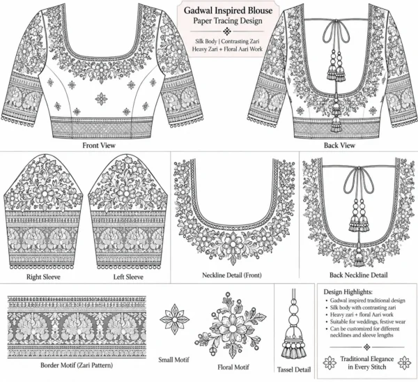 Gadwal-inspired silk blouse with heavy zari and floral Aari work