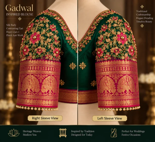 Gadwal-inspired silk blouse with heavy zari and floral Aari work