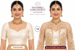 Ivory Lotus Bloom Invisible Aari Jacket with detachable transparent organza, handcrafted lotus floral Aari embroidery for South Indian bridal blouse transformation