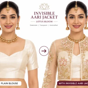Ivory Lotus Bloom Invisible Aari Jacket with detachable transparent organza, handcrafted lotus floral Aari embroidery for South Indian bridal blouse transformation