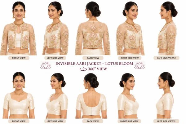 Ivory Lotus Bloom Invisible Aari Jacket with detachable transparent organza, handcrafted lotus floral Aari embroidery for South Indian bridal blouse transformation