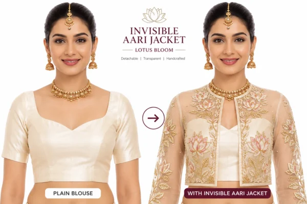 Ivory Lotus Bloom Invisible Aari Jacket with detachable transparent organza, handcrafted lotus floral Aari embroidery for South Indian bridal blouse transformation