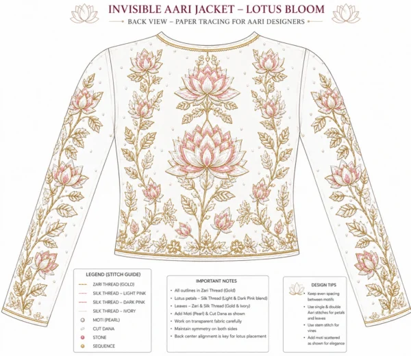 Ivory Lotus Bloom Invisible Aari Jacket with detachable transparent organza, handcrafted lotus floral Aari embroidery for South Indian bridal blouse transformation