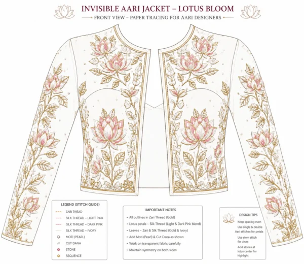 Ivory Lotus Bloom Invisible Aari Jacket with detachable transparent organza, handcrafted lotus floral Aari embroidery for South Indian bridal blouse transformation