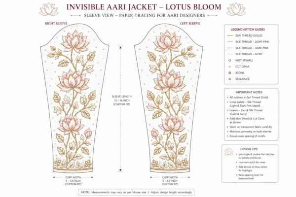 Ivory Lotus Bloom Invisible Aari Jacket with detachable transparent organza, handcrafted lotus floral Aari embroidery for South Indian bridal blouse transformation
