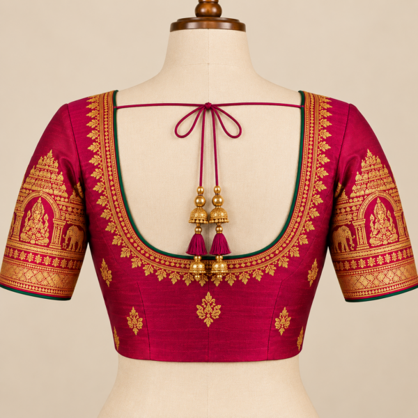 back view of Kanchi Andhra style silk blouse with zari work
