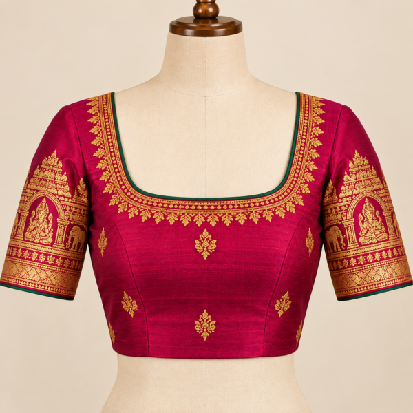 Front view of Kanchi Andhra style silk blouse with zari work