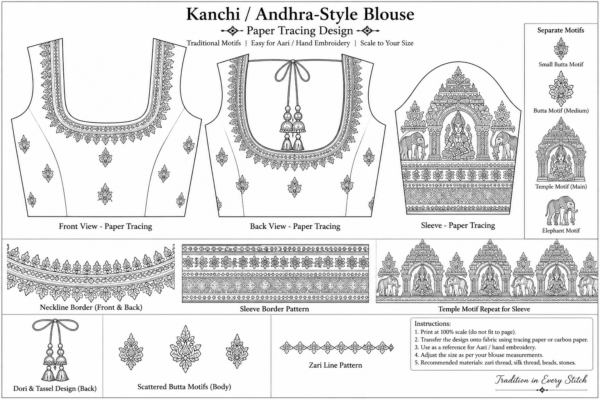 Paper tracing of Kanchi Andhra style silk blouse with zari work