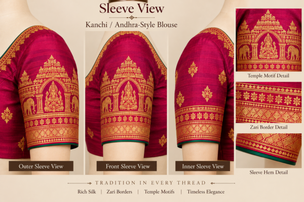 Sleeve of Kanchi Andhra style silk blouse with zari work