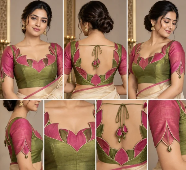 Lotus Frame Deepavali fusion saree blouse with lotus petal framed neckline