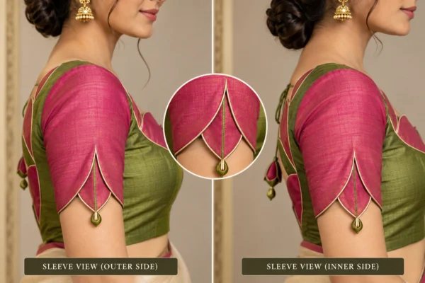Lotus Frame Deepavali fusion saree blouse with lotus petal framed neckline