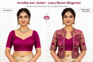 Lotus floral Aari embroidery jacket on transparent net