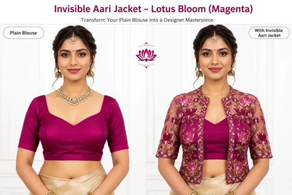 Lotus floral Aari embroidery jacket on transparent net