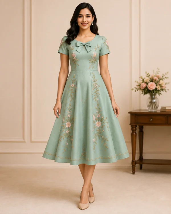 Rosalie Bow vintage bow party dress with fitted bodice and flared midi skirt