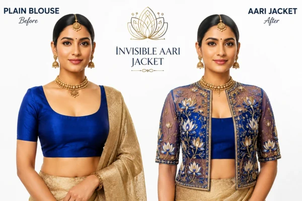 Royal Blue Lotus Bloom Invisible Aari Jacket sleeve embroidery